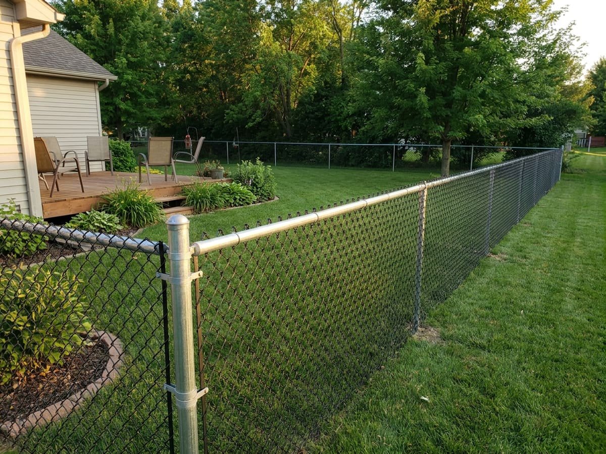 Black vinyl-coated chain link fence enclosing a grassy Midwest yard