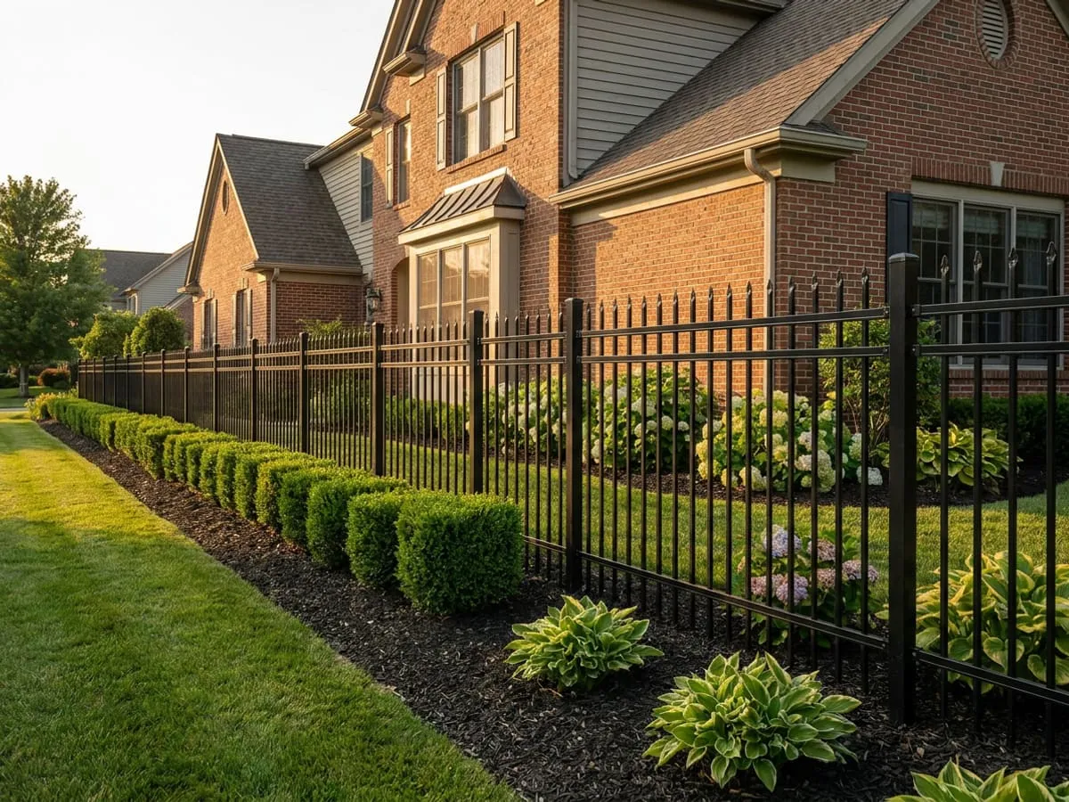 Black ornamental aluminum fence with spear-top pickets along a landscaped front yard