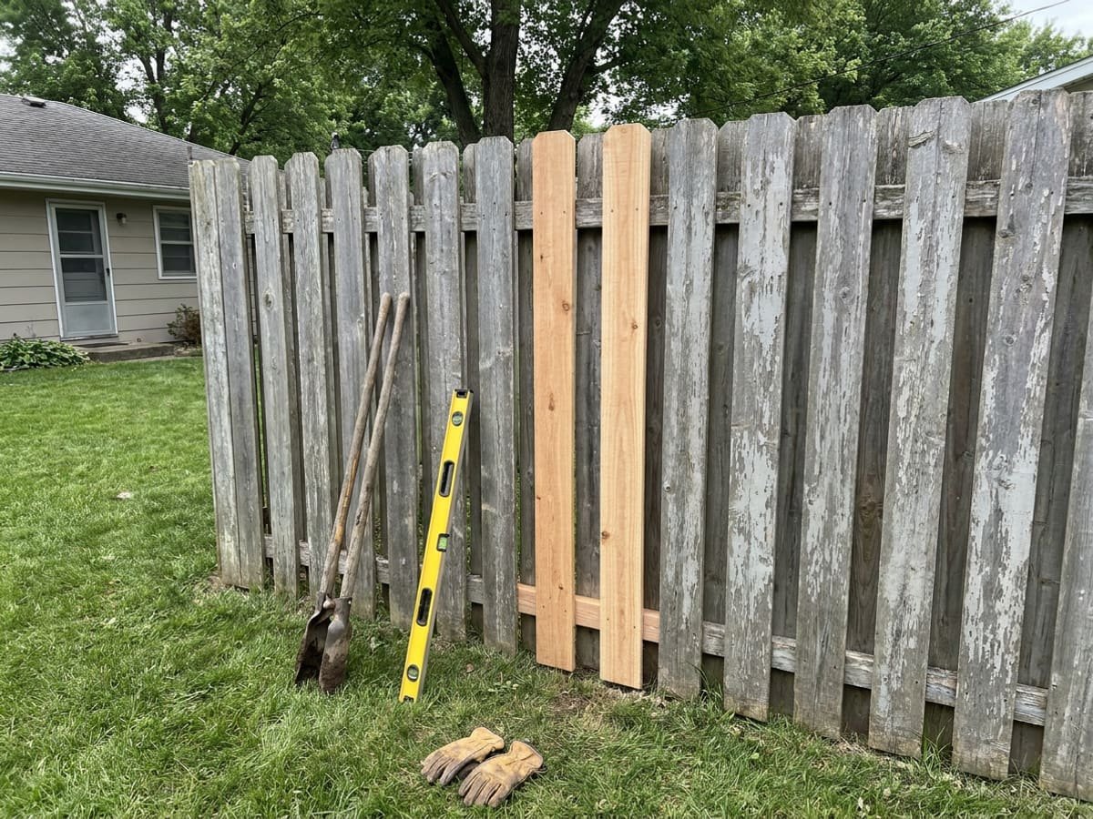 Fence post repair in progress on a wooden fence in a residential backyard