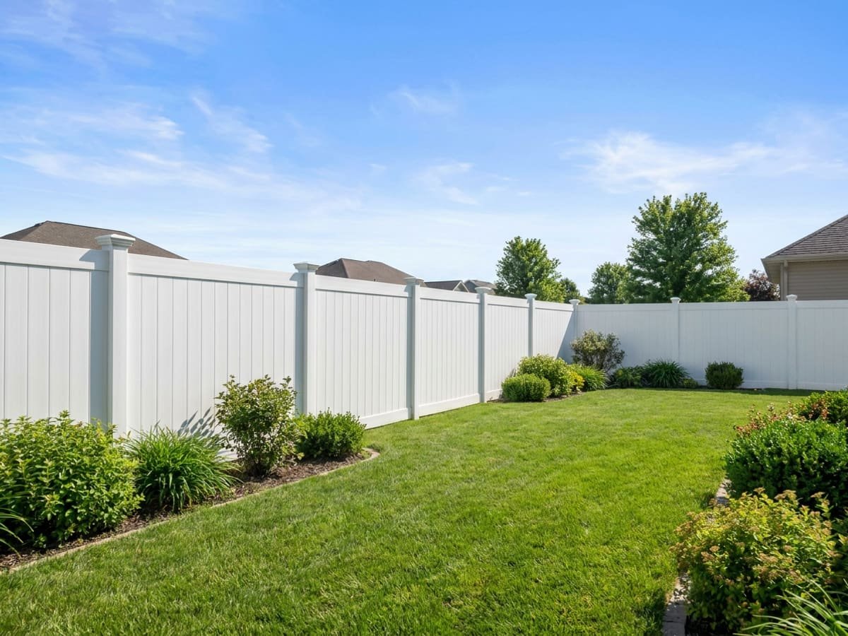 White vinyl privacy fence beside a tidy Midwest backyard lawn